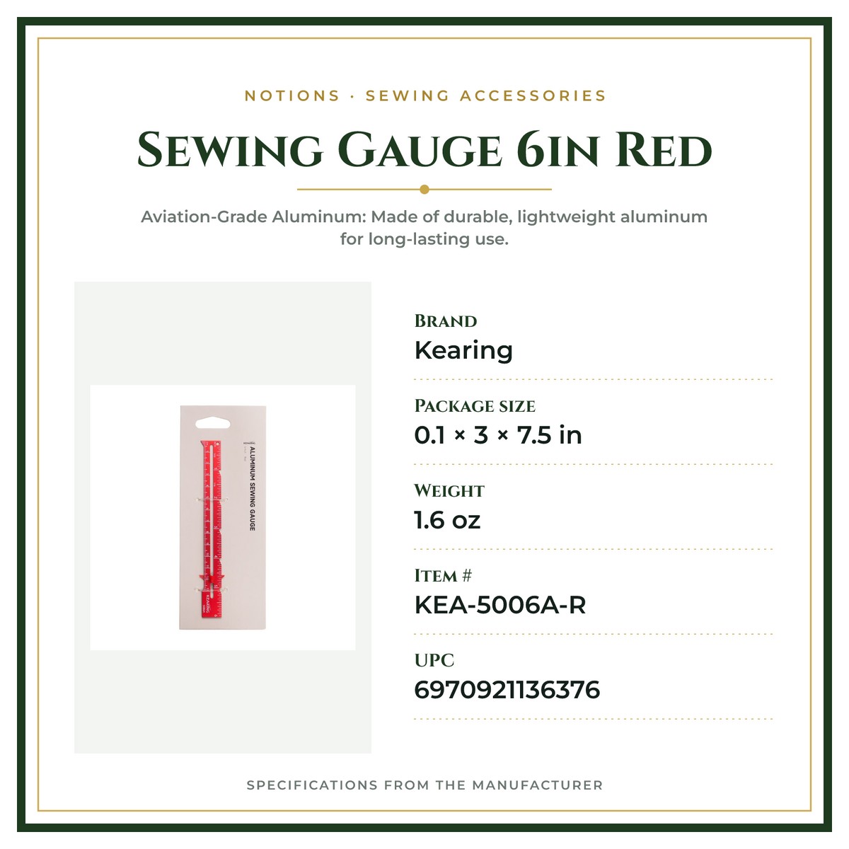 Product Specifications – Sewing Gauge 6in Red
