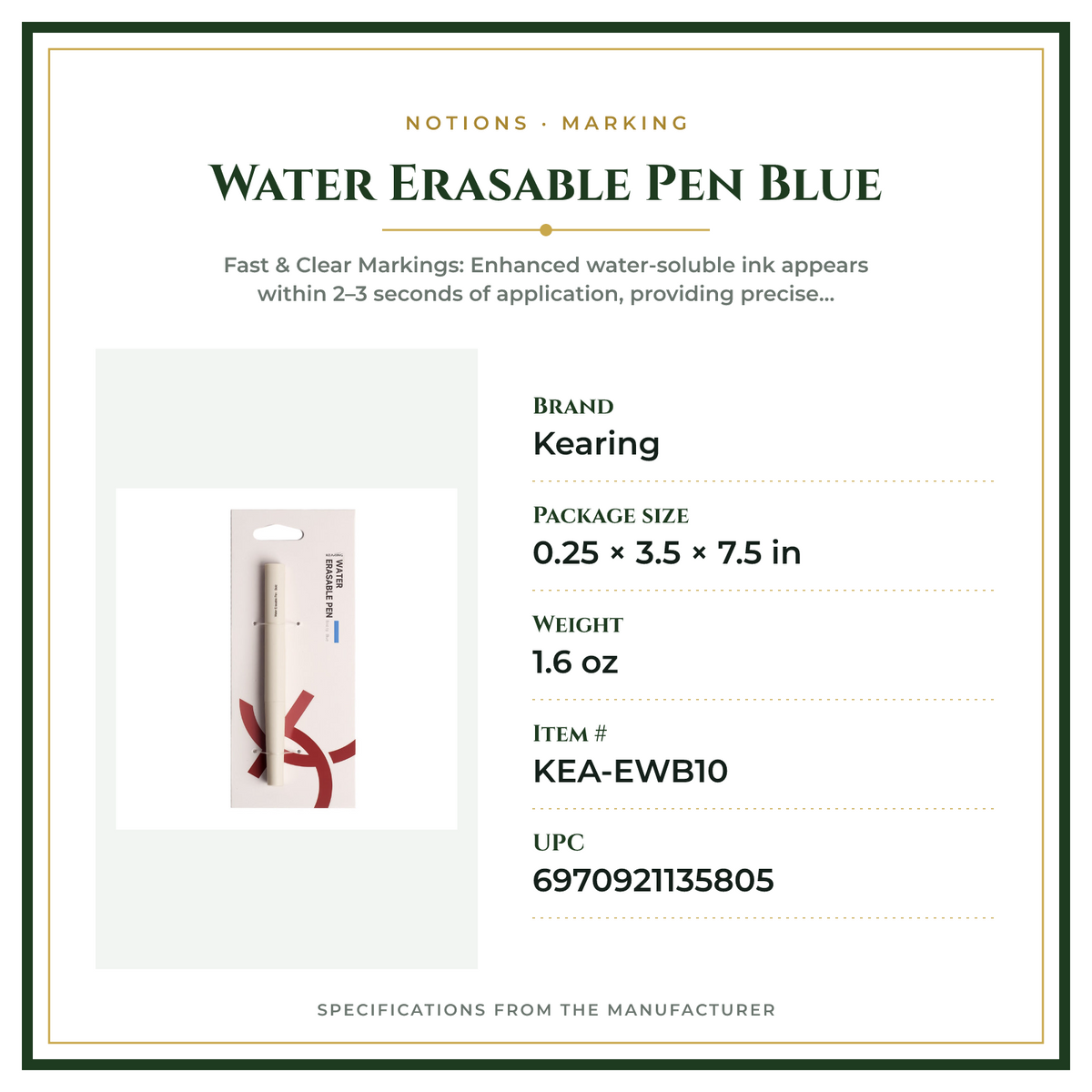 Product Specifications – Water Erasable Pen Blue