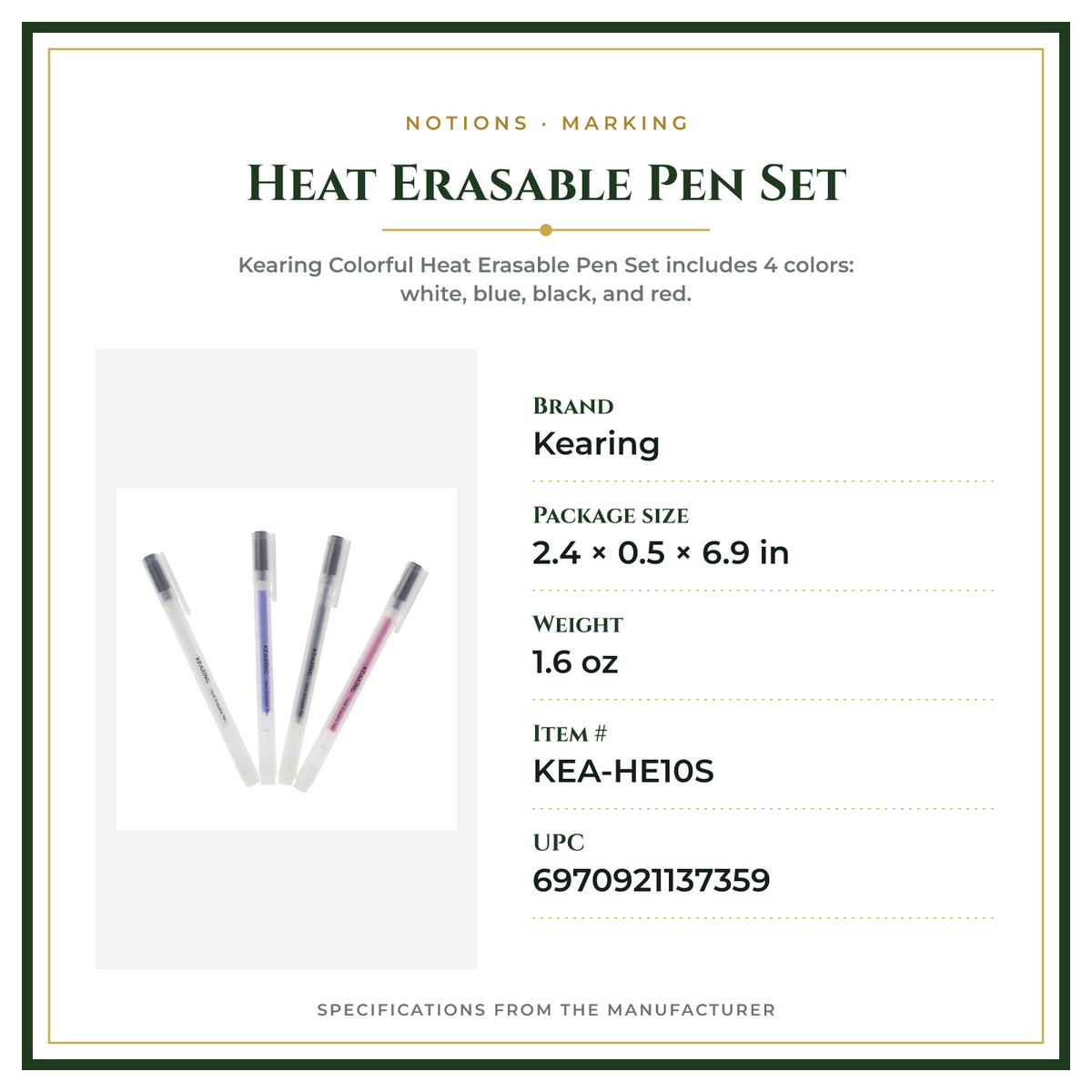 Product Specifications – Heat Erasable Pen Set