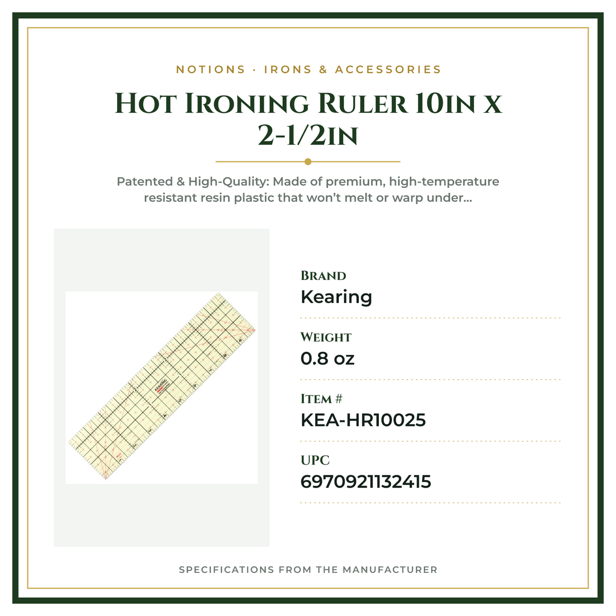 Product Specifications – Hot Ironing Ruler 10in x 2-1/2in