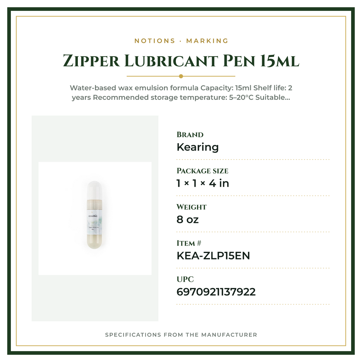 Product Specifications – Zipper Lubricant Pen 15ml