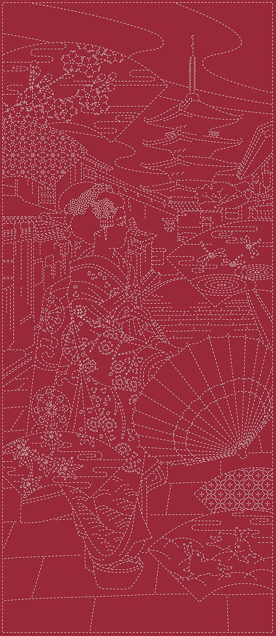 Wagara Sashiko Panel Maiko-san Red