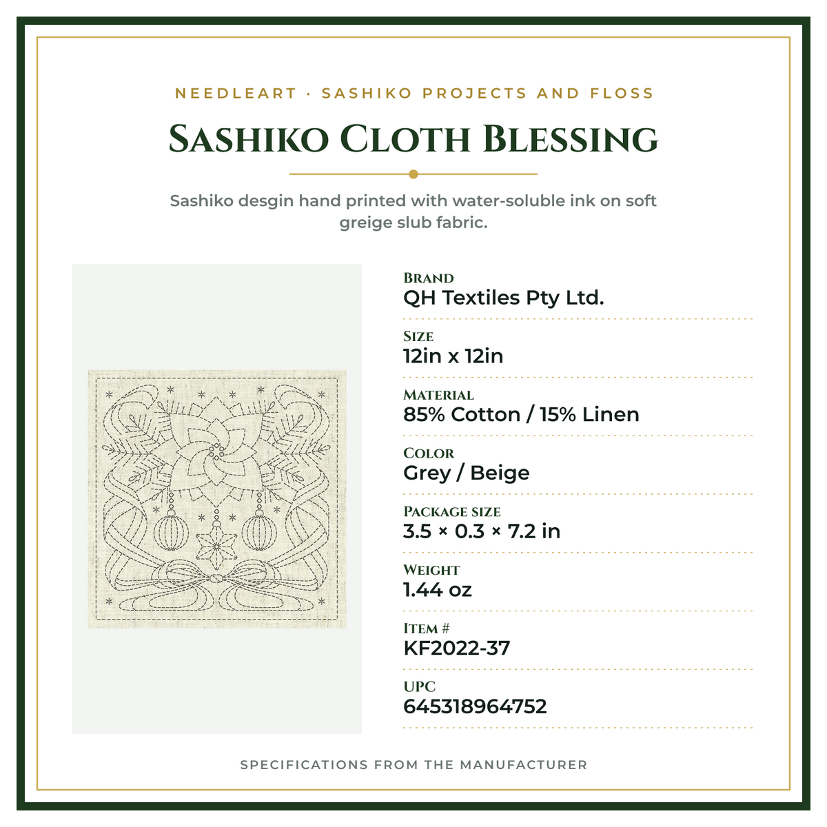 Product Specifications – Sashiko Cloth Blessing