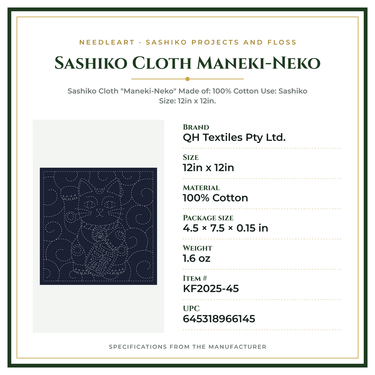 Product Specifications – Sashiko Cloth Maneki-Neko