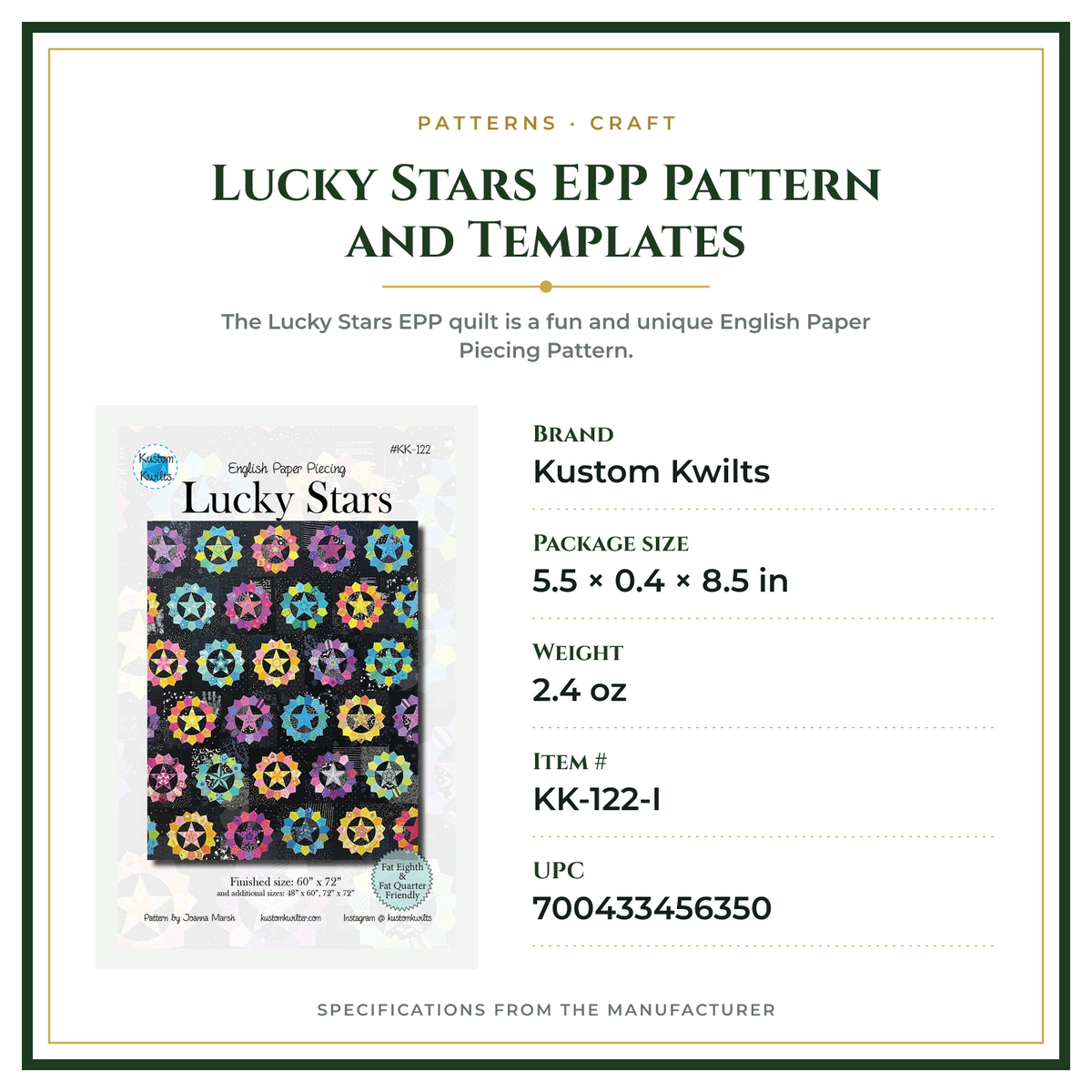 Product Specifications – Lucky Stars EPP Pattern and Templates