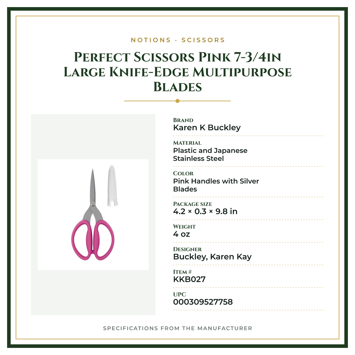 Product Specifications – Perfect Scissors Pink 7-3/4in Large Knife-Edge Multipurpose Blades