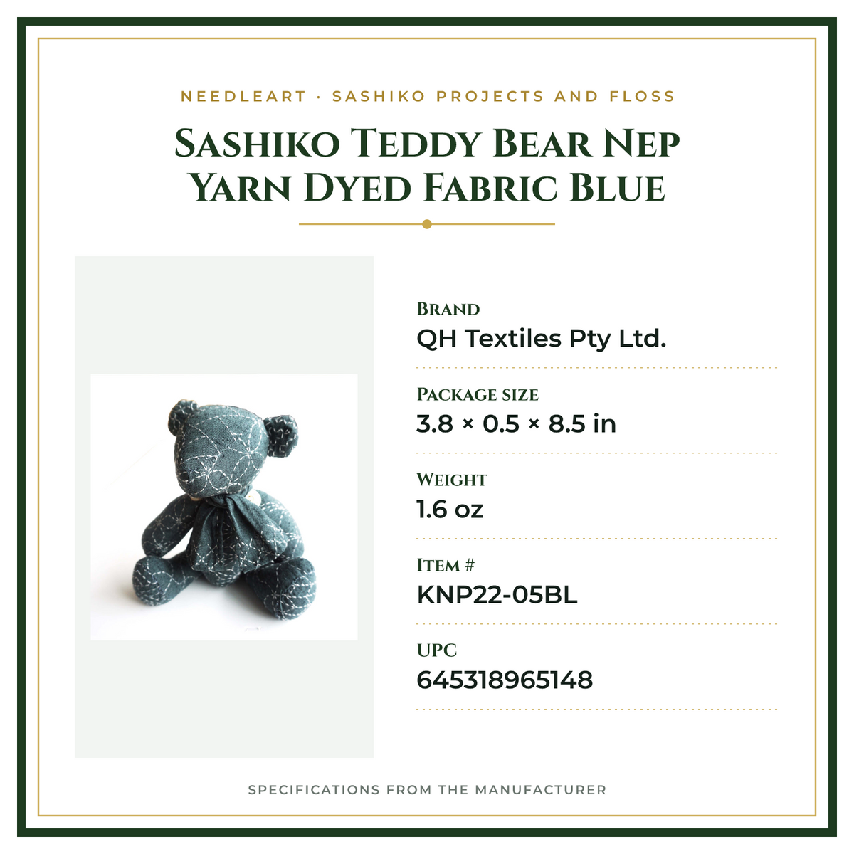 Product Specifications – Sashiko Teddy Bear Nep Yarn Dyed Fabric Blue