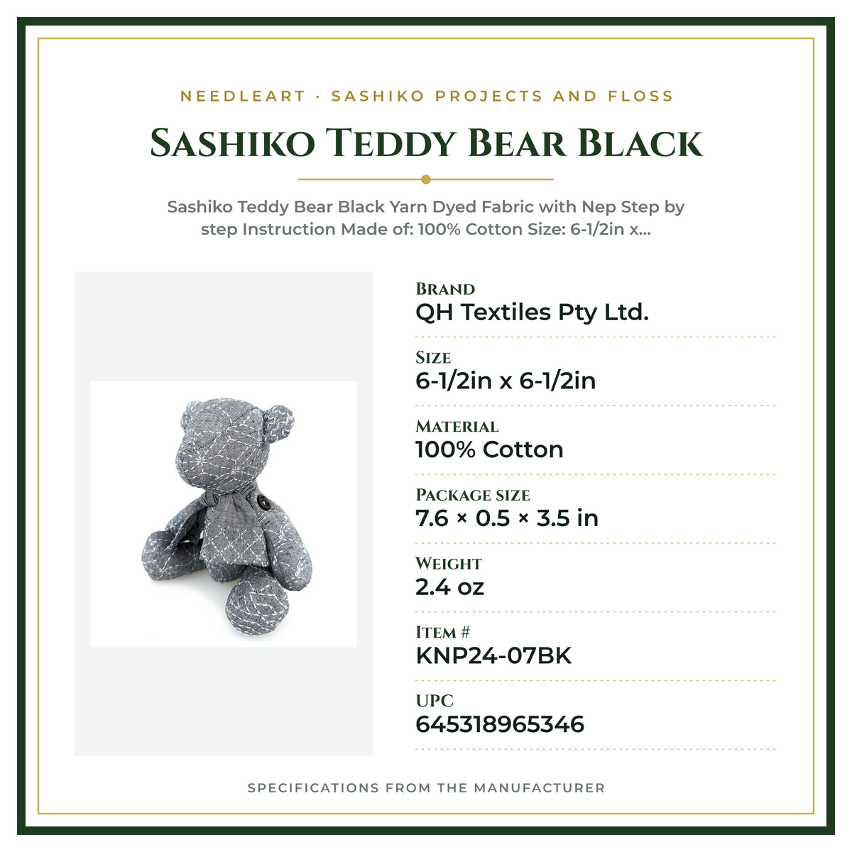Product Specifications – Sashiko Teddy Bear Black
