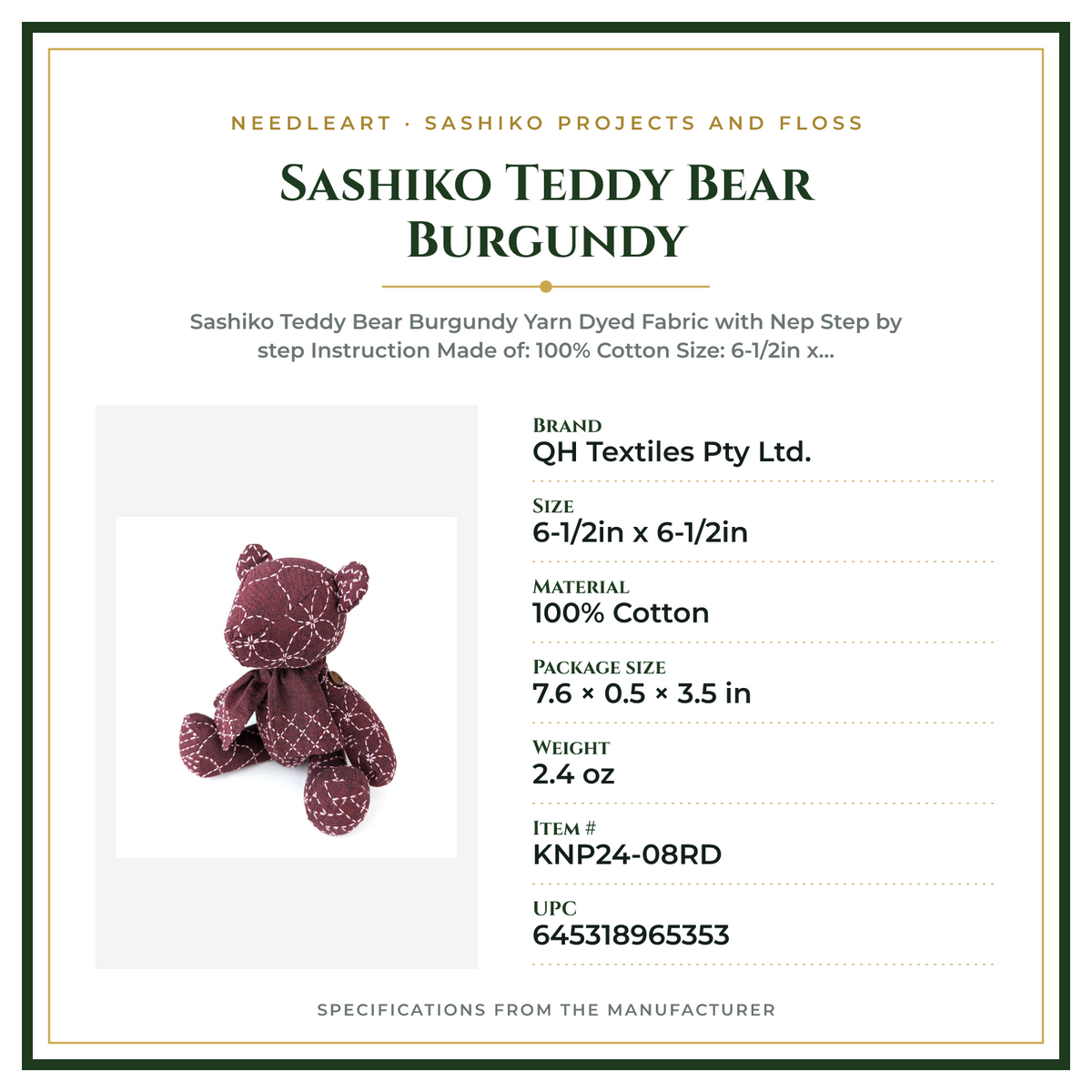 Product Specifications – Sashiko Teddy Bear Burgundy