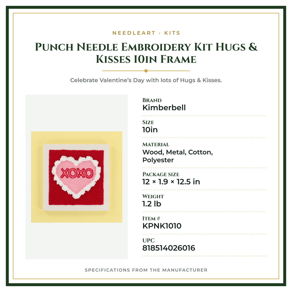 Product Specifications – Punch Needle Embroidery Kit Hugs & Kisses 10in Frame