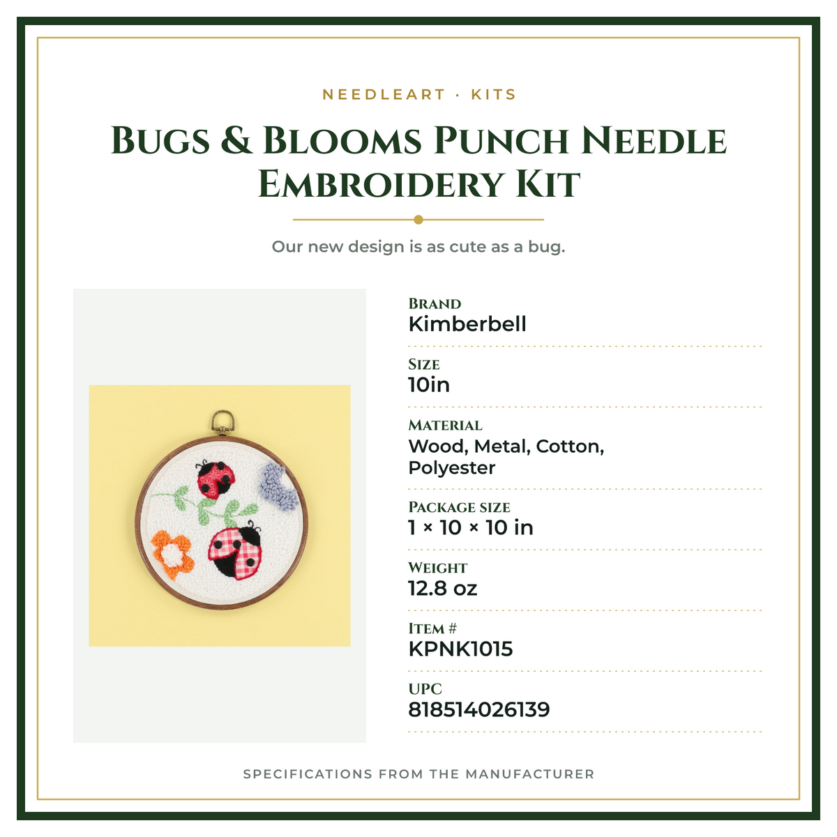 Product Specifications – Bugs & Blooms Punch Needle Embroidery Kit