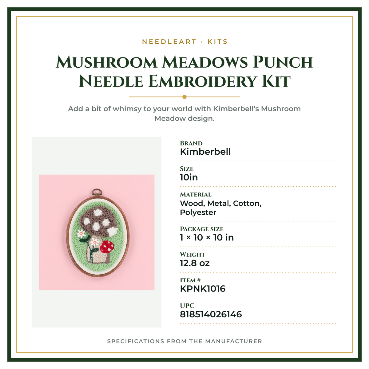 Product Specifications – Mushroom Meadows Punch Needle Embroidery Kit