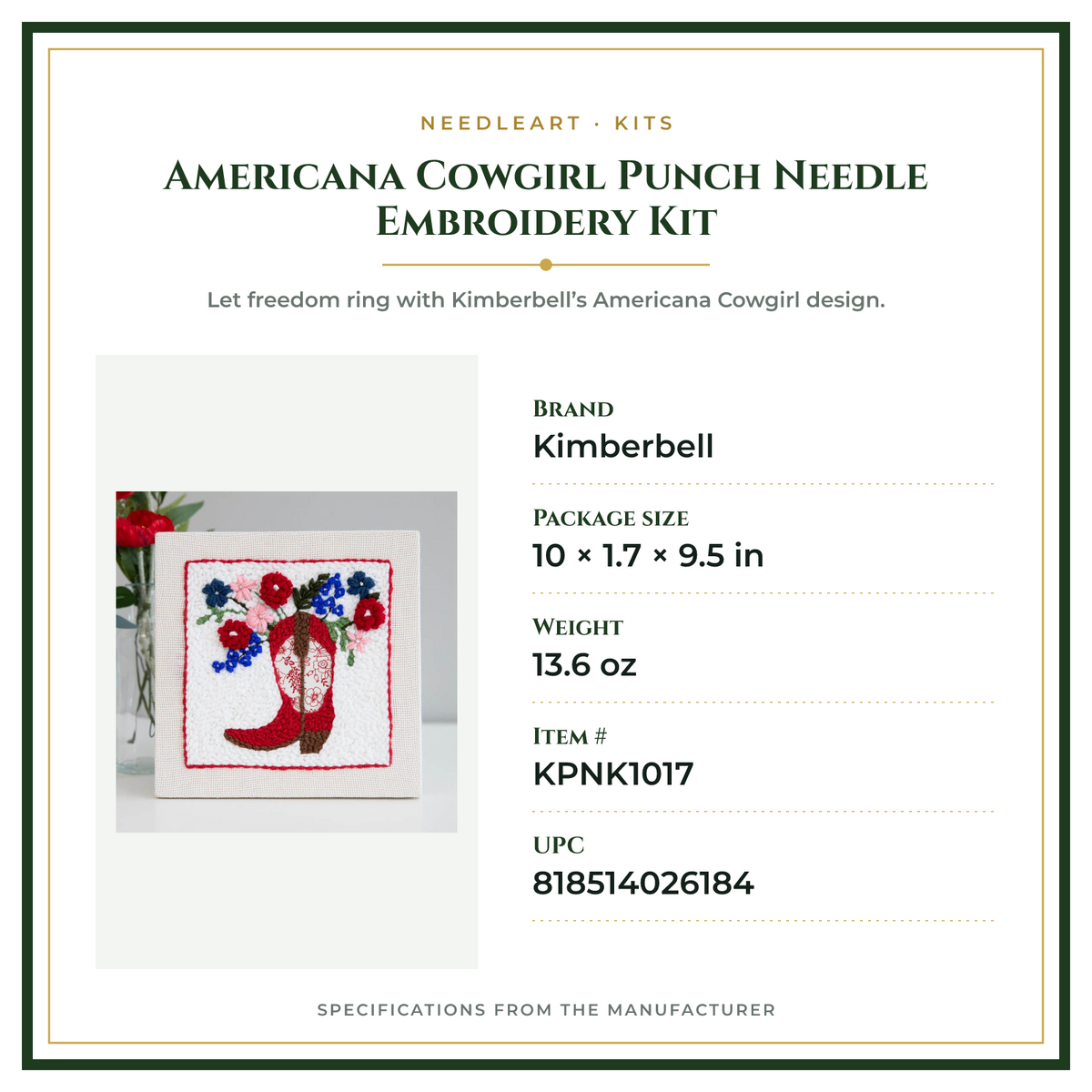 Product Specifications – Americana Cowgirl Punch Needle Embroidery Kit