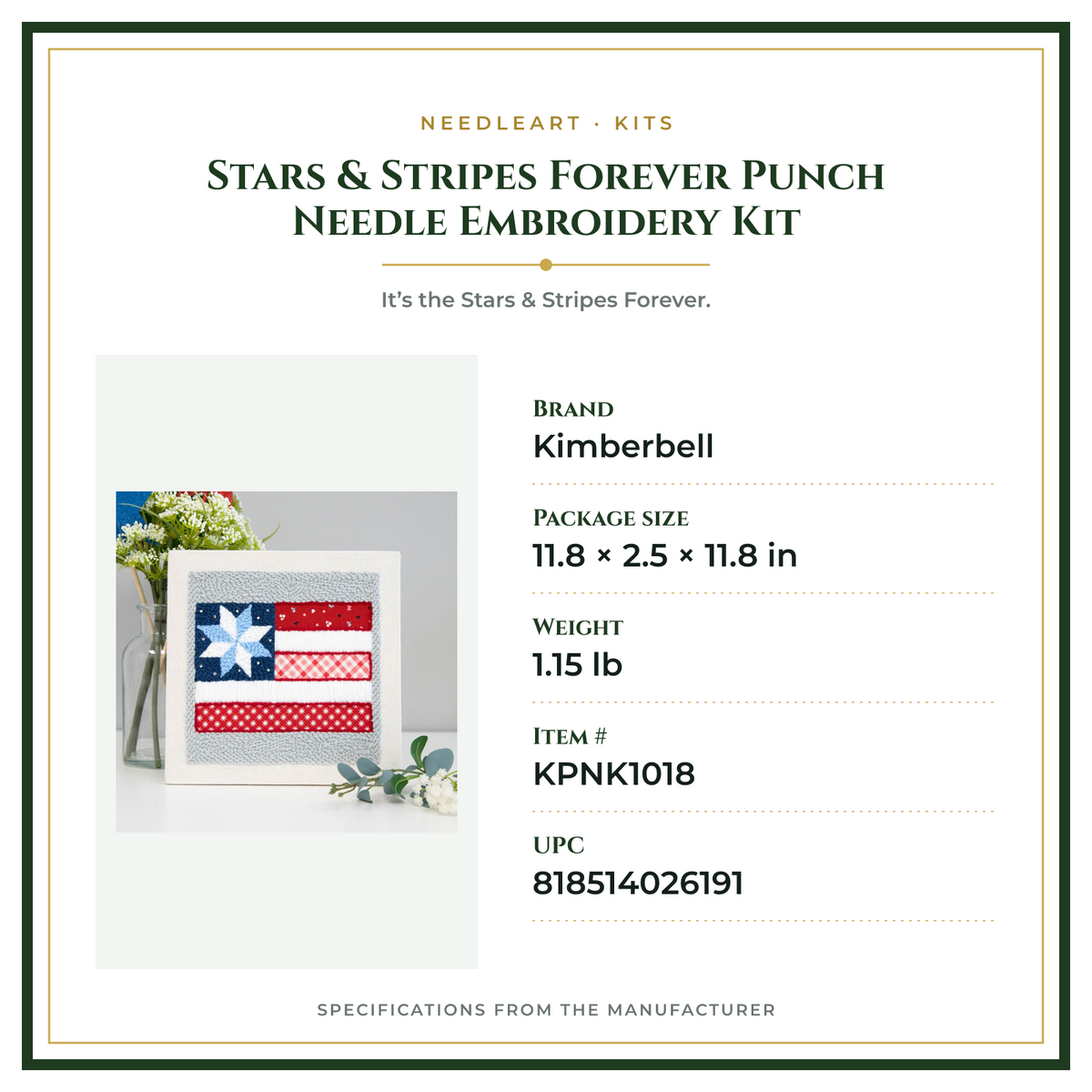 Product Specifications – Stars & Stripes Forever Punch Needle Embroidery Kit