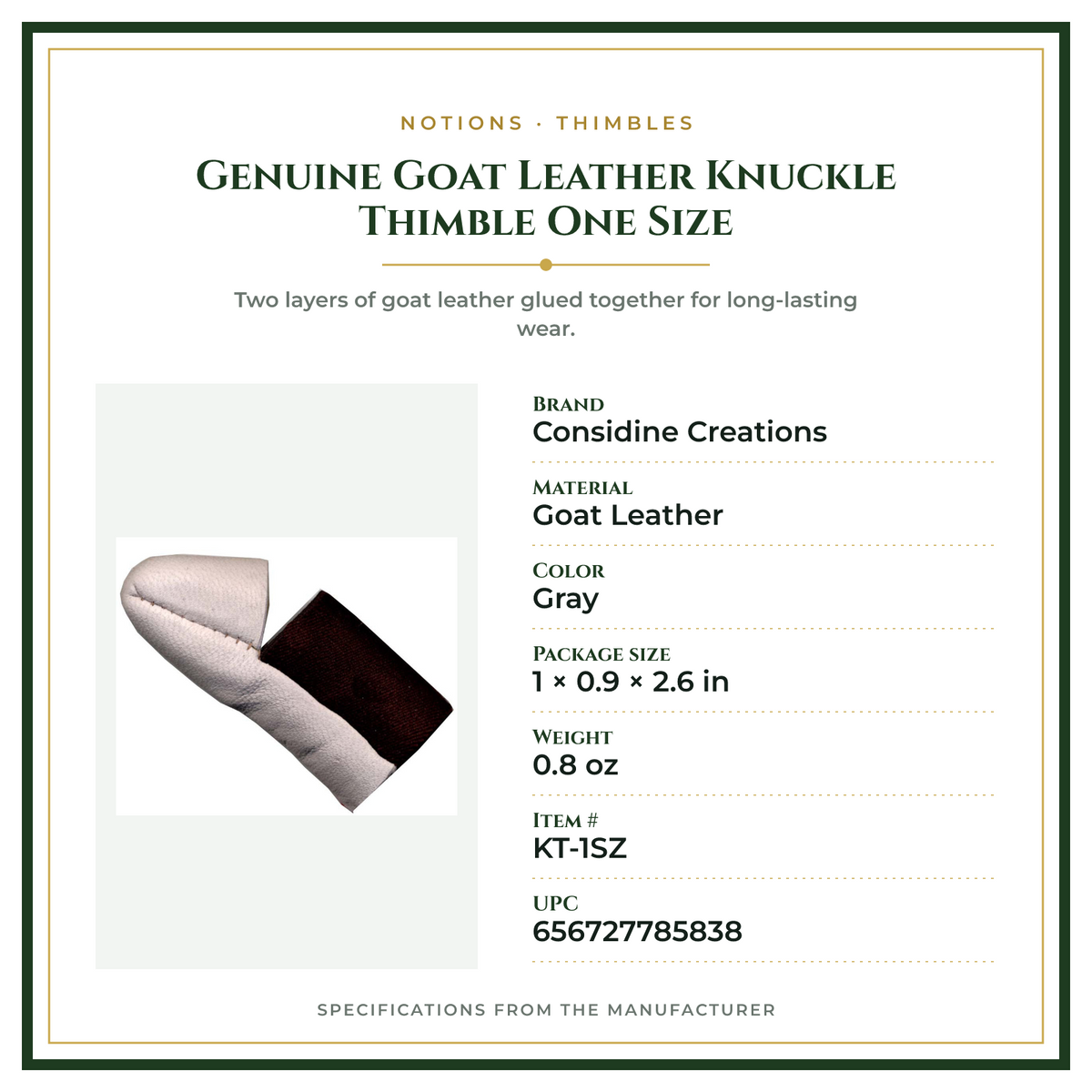 Product Specifications – Genuine Goat Leather Knuckle Thimble One Size