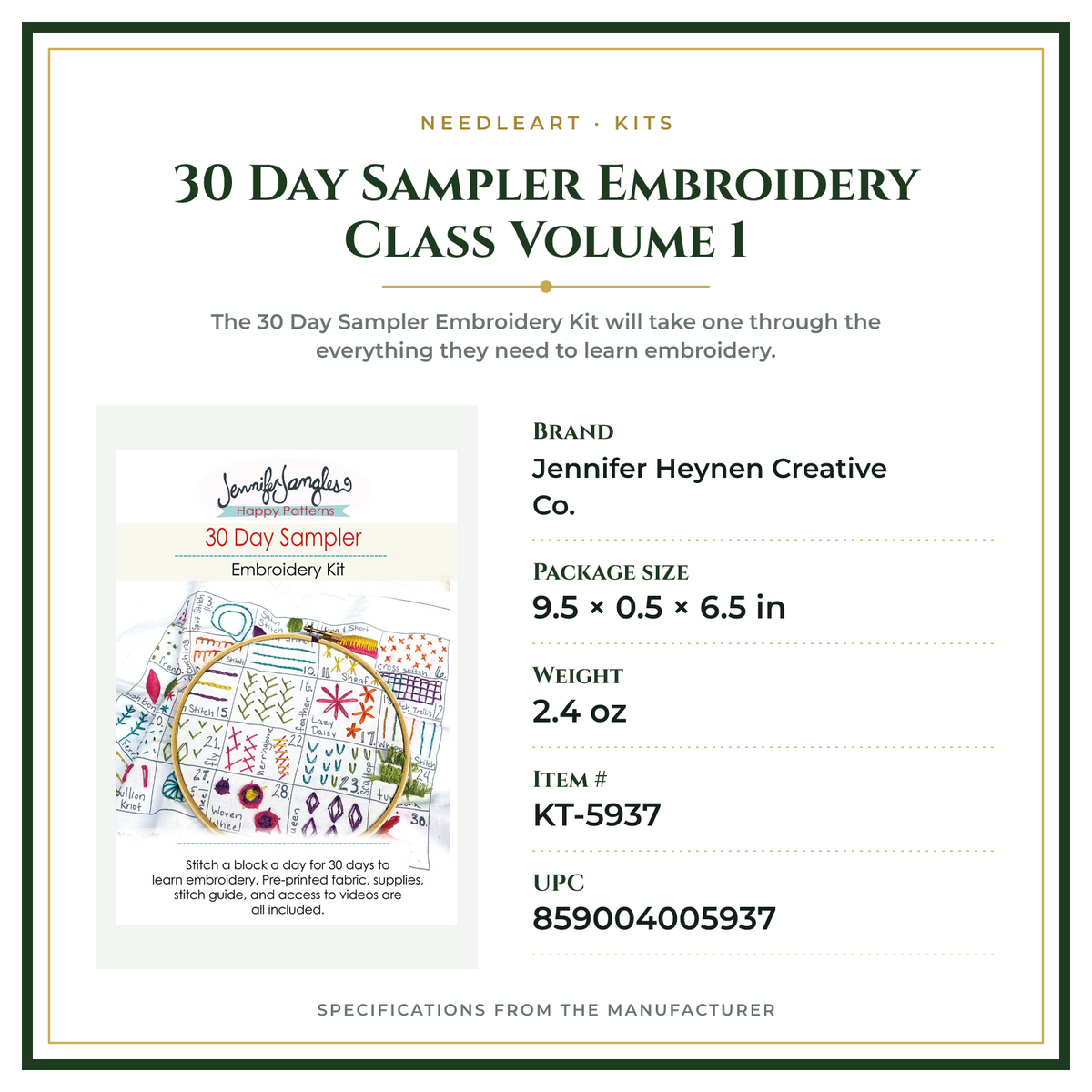 Product Specifications – 30 Day Sampler Embroidery Class Volume 1