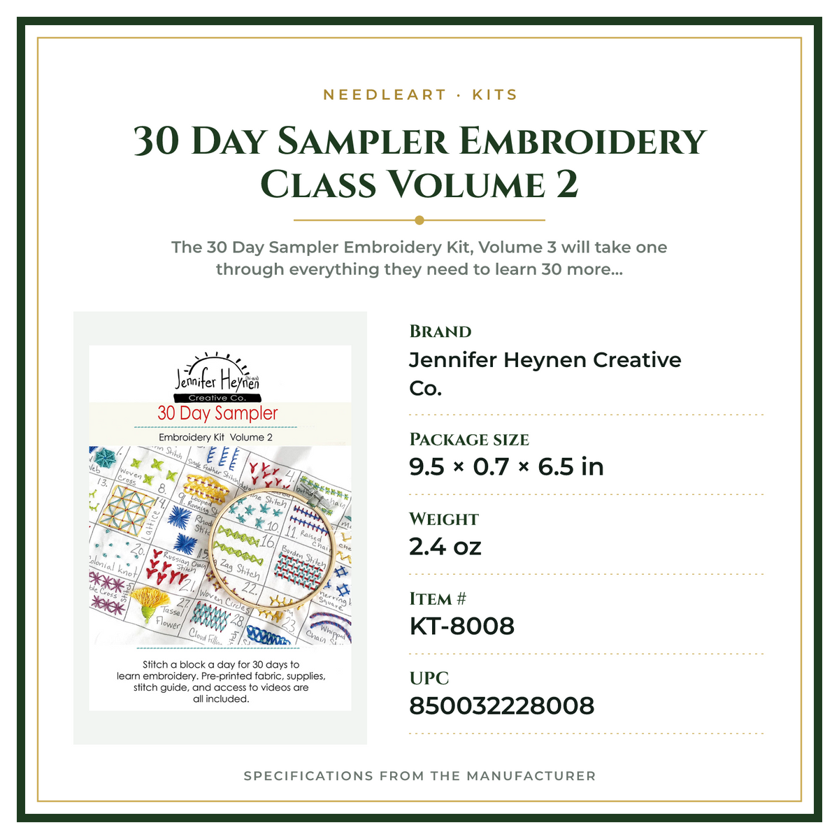 Product Specifications – 30 Day Sampler Embroidery Class Volume 2