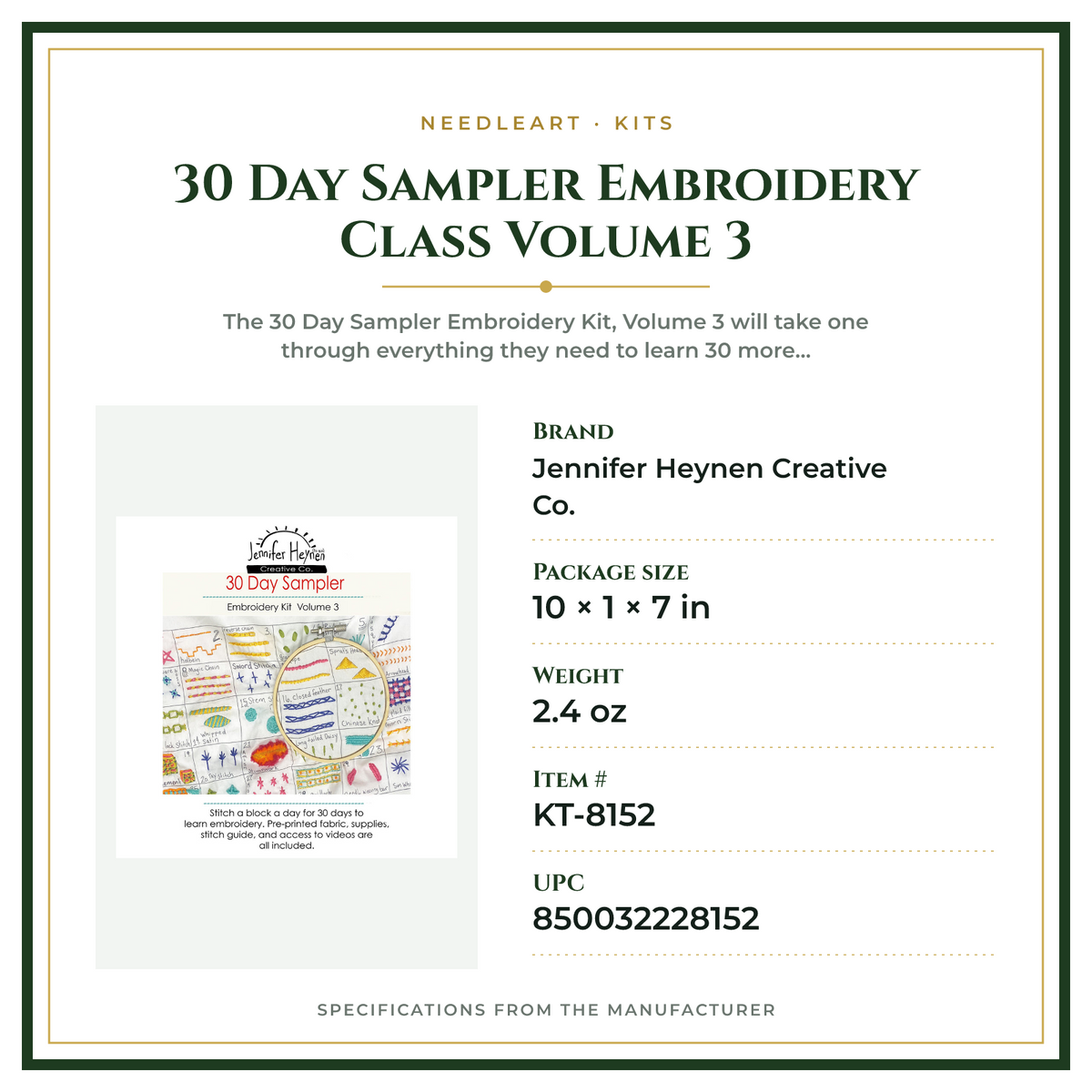 Product Specifications – 30 Day Sampler Embroidery Class Volume 3