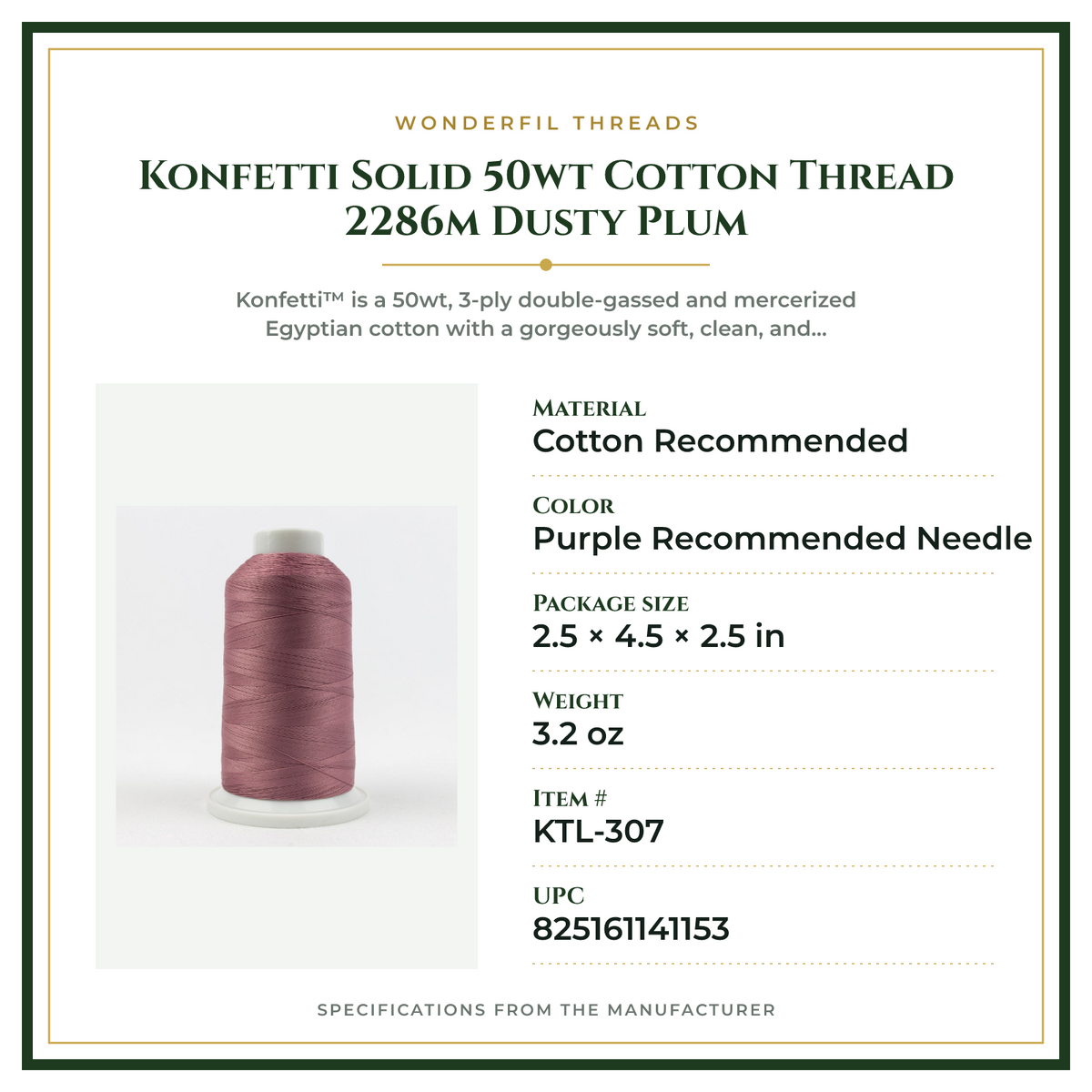 Product Specifications – Konfetti Solid 50wt Cotton Thread 2286m Dusty Plum