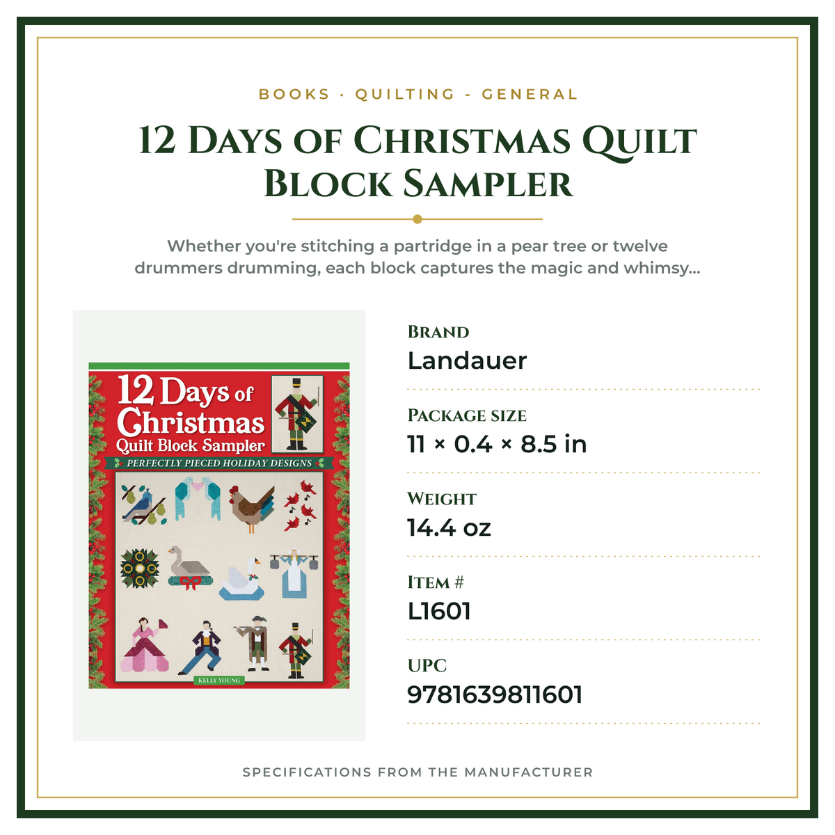 Product Specifications – 12 Days of Christmas Quilt Block Sampler