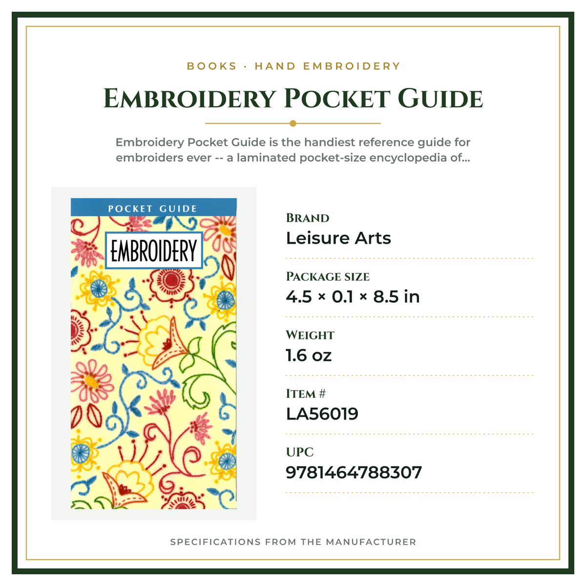 Product Specifications – Embroidery Pocket Guide