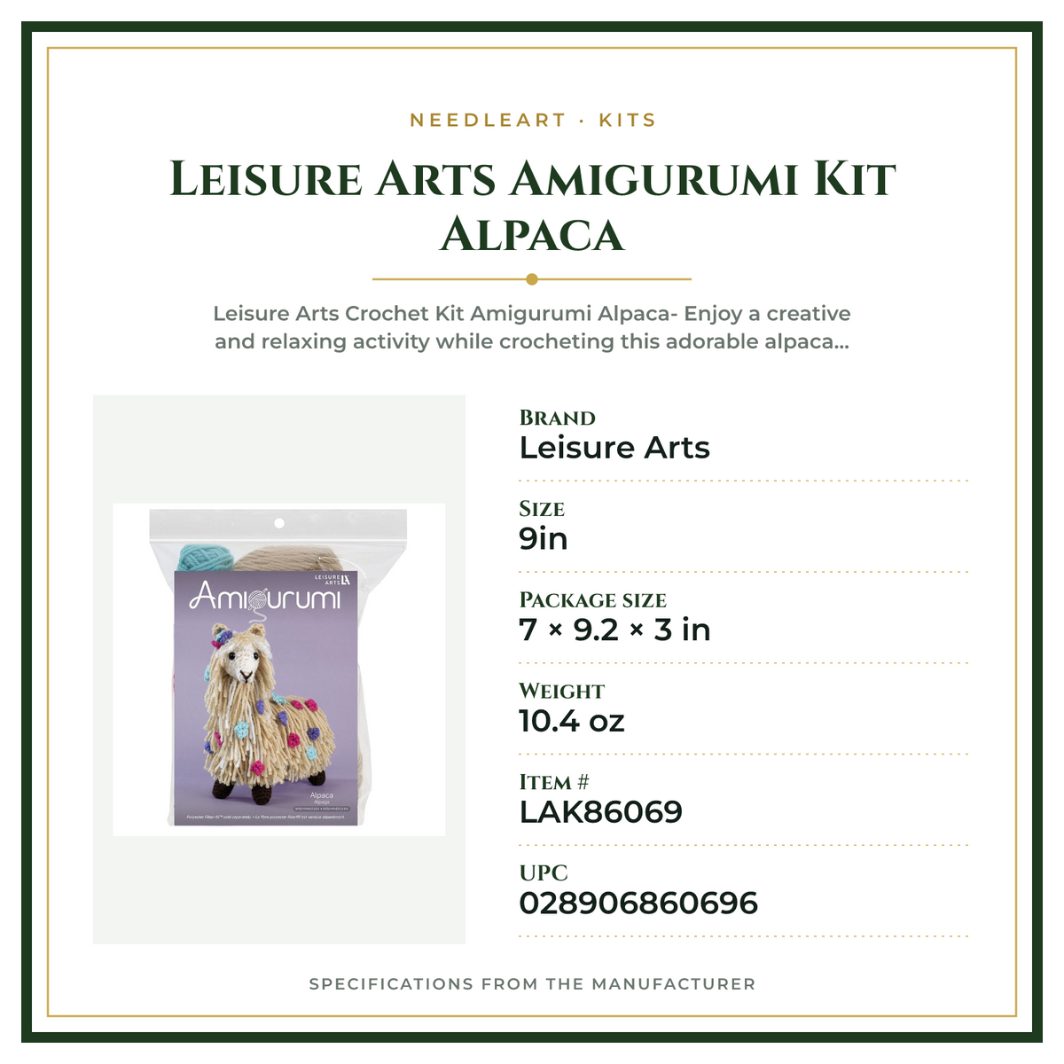 Product Specifications – Leisure Arts Amigurumi Kit Alpaca