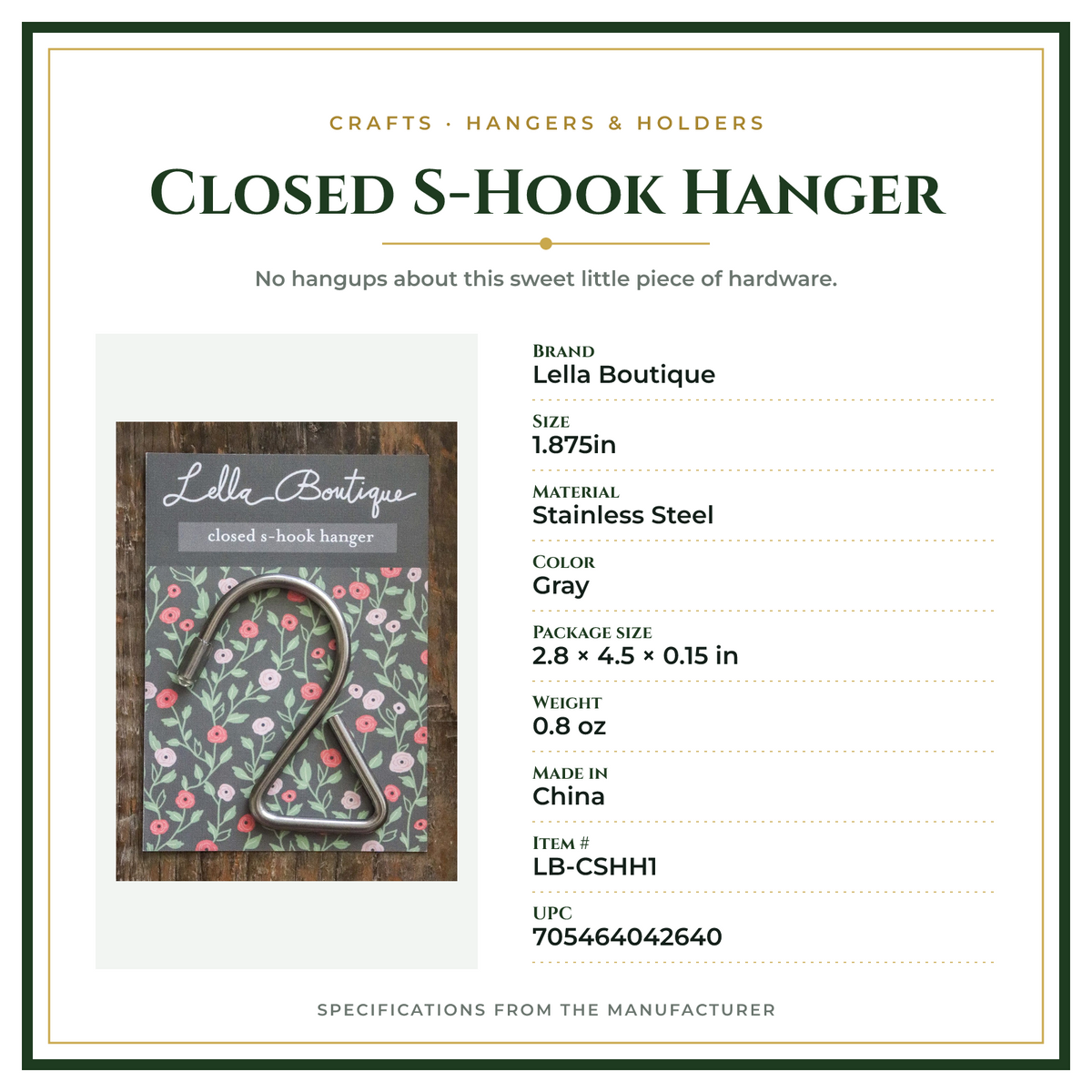 Product Specifications – Closed S-Hook Hanger