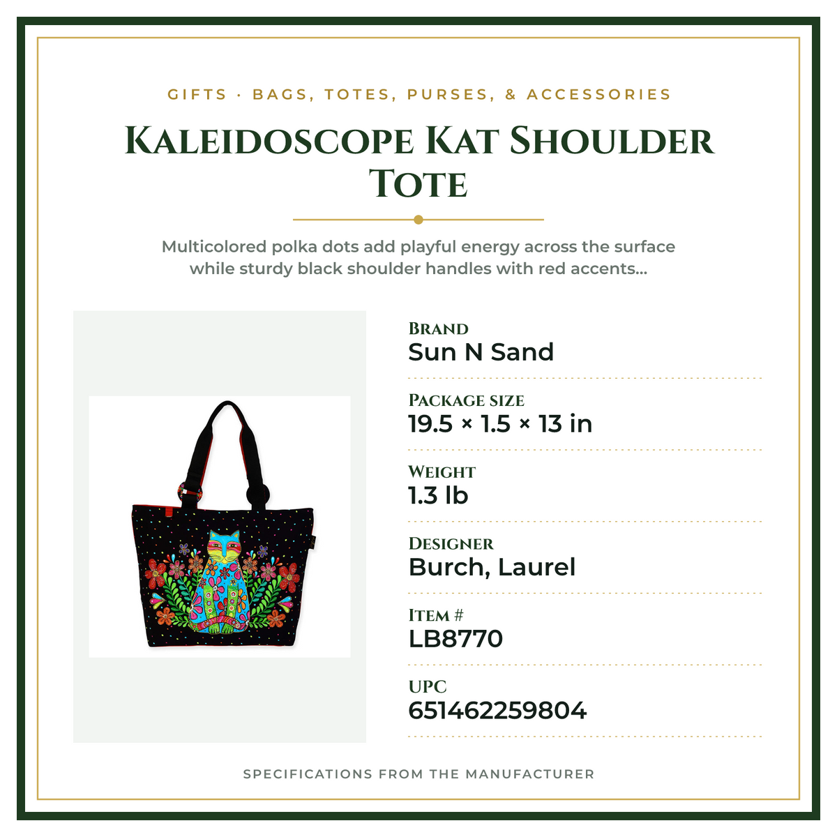 Product Specifications – Kaleidoscope Kat Shoulder Tote