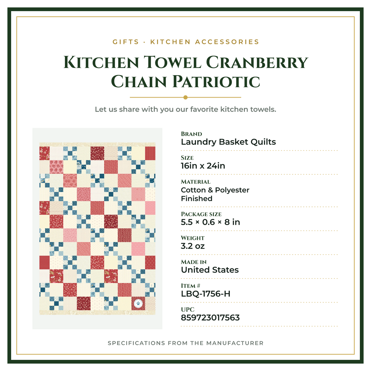Product Specifications – Kitchen Towel Cranberry Chain Patriotic