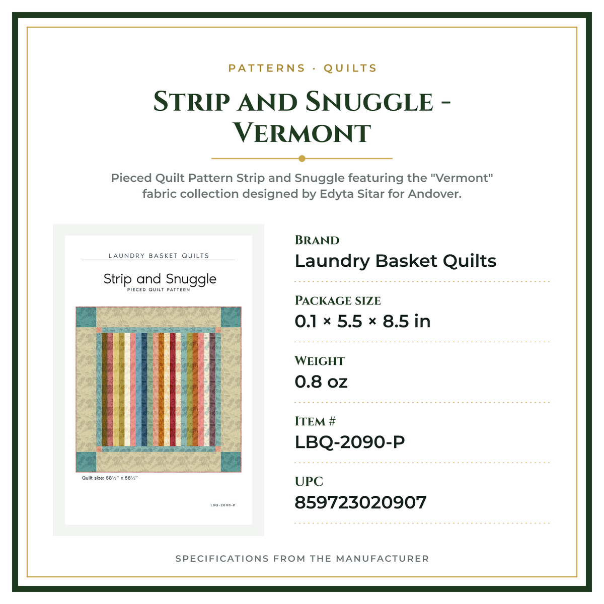 Product Specifications – Strip and Snuggle - Vermont