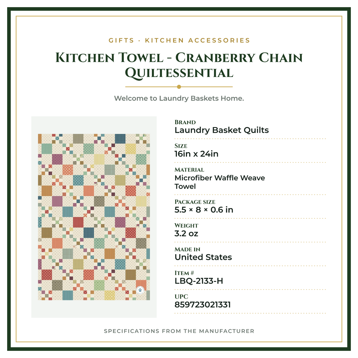 Product Specifications – Kitchen Towel - Cranberry Chain Quiltessential