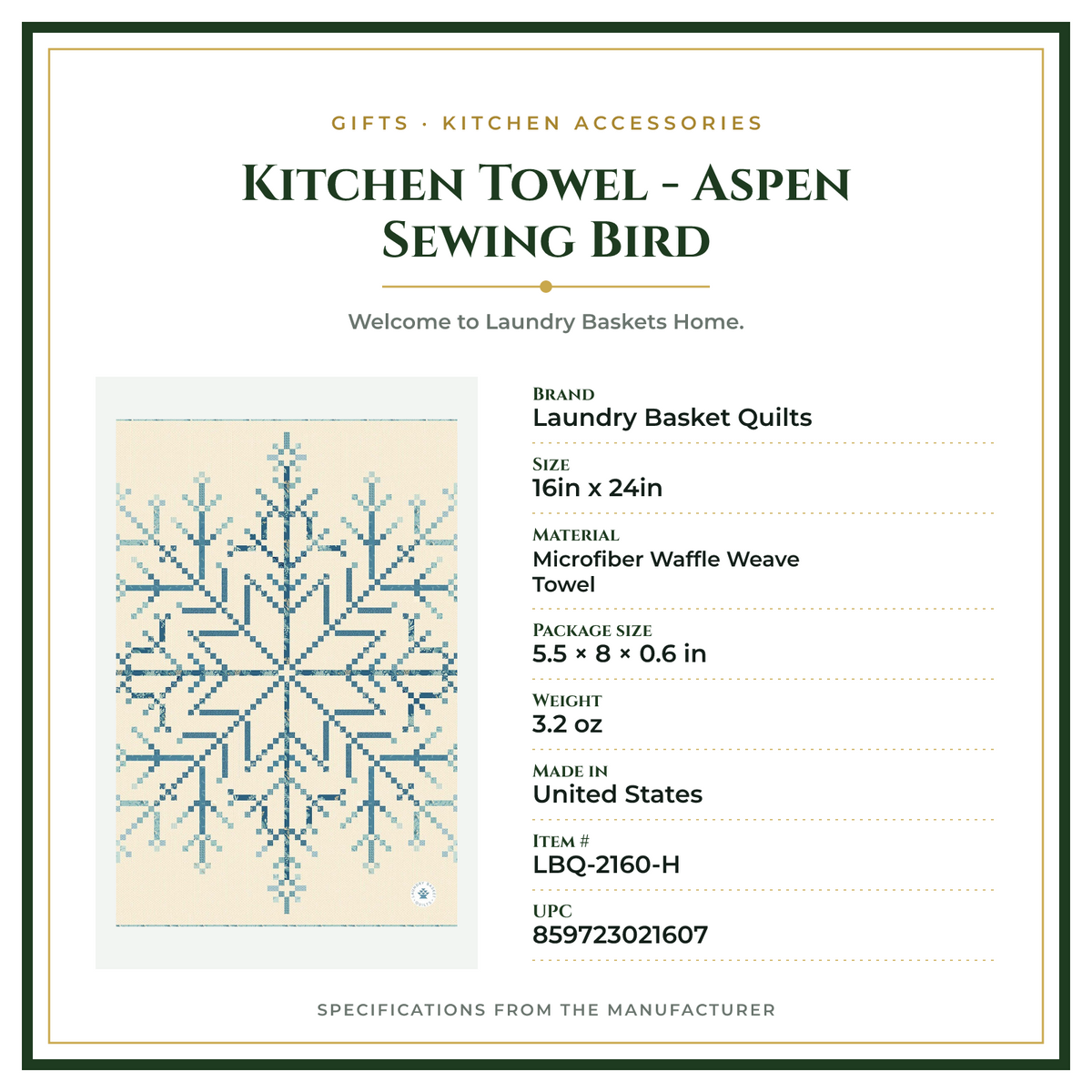 Product Specifications – Kitchen Towel - Aspen Sewing Bird