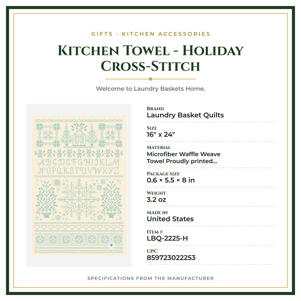 Product Specifications – Kitchen Towel - Holiday Cross-Stitch