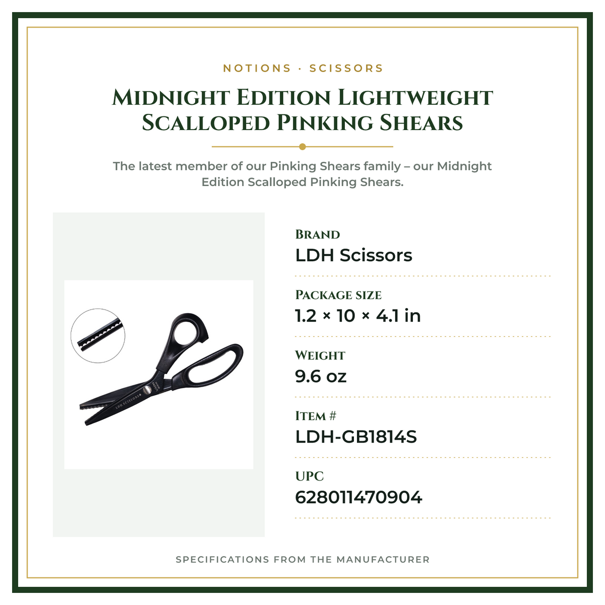Product Specifications – Midnight Edition Lightweight Scalloped Pinking Shears