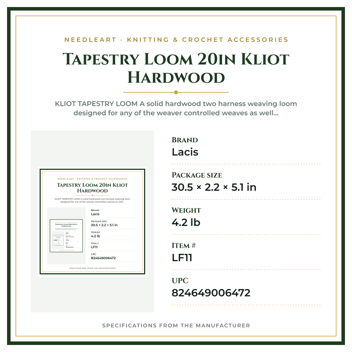 Product Specifications – Tapestry Loom 20in Kliot Hardwood