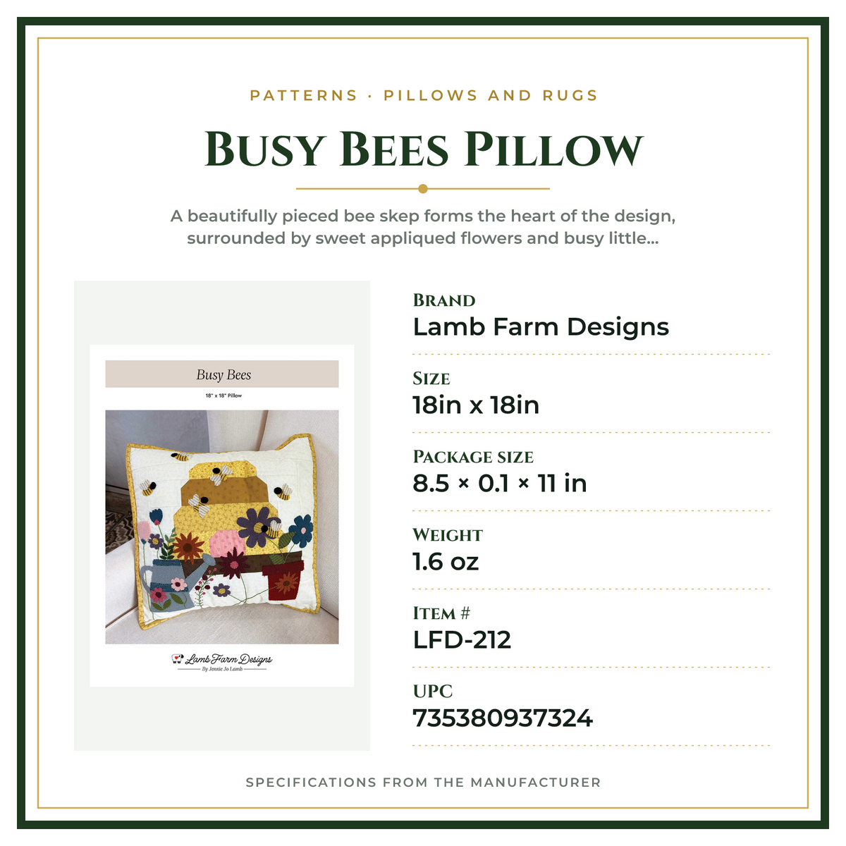 Product Specifications – Busy Bees Pillow