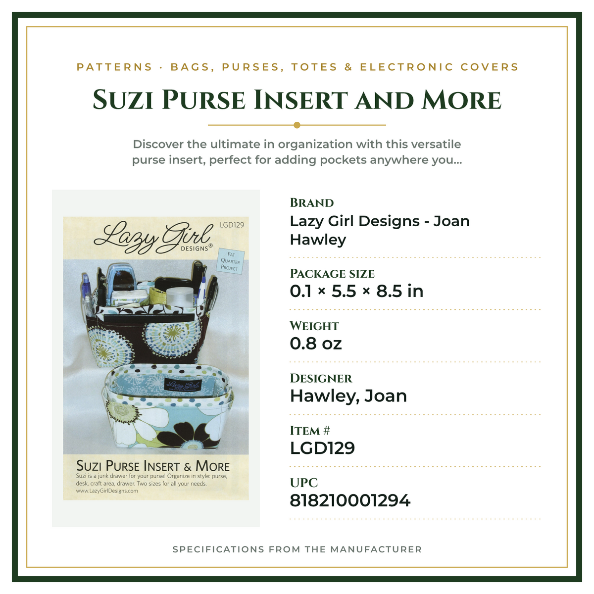 Product Specifications – Suzi Purse Insert and More