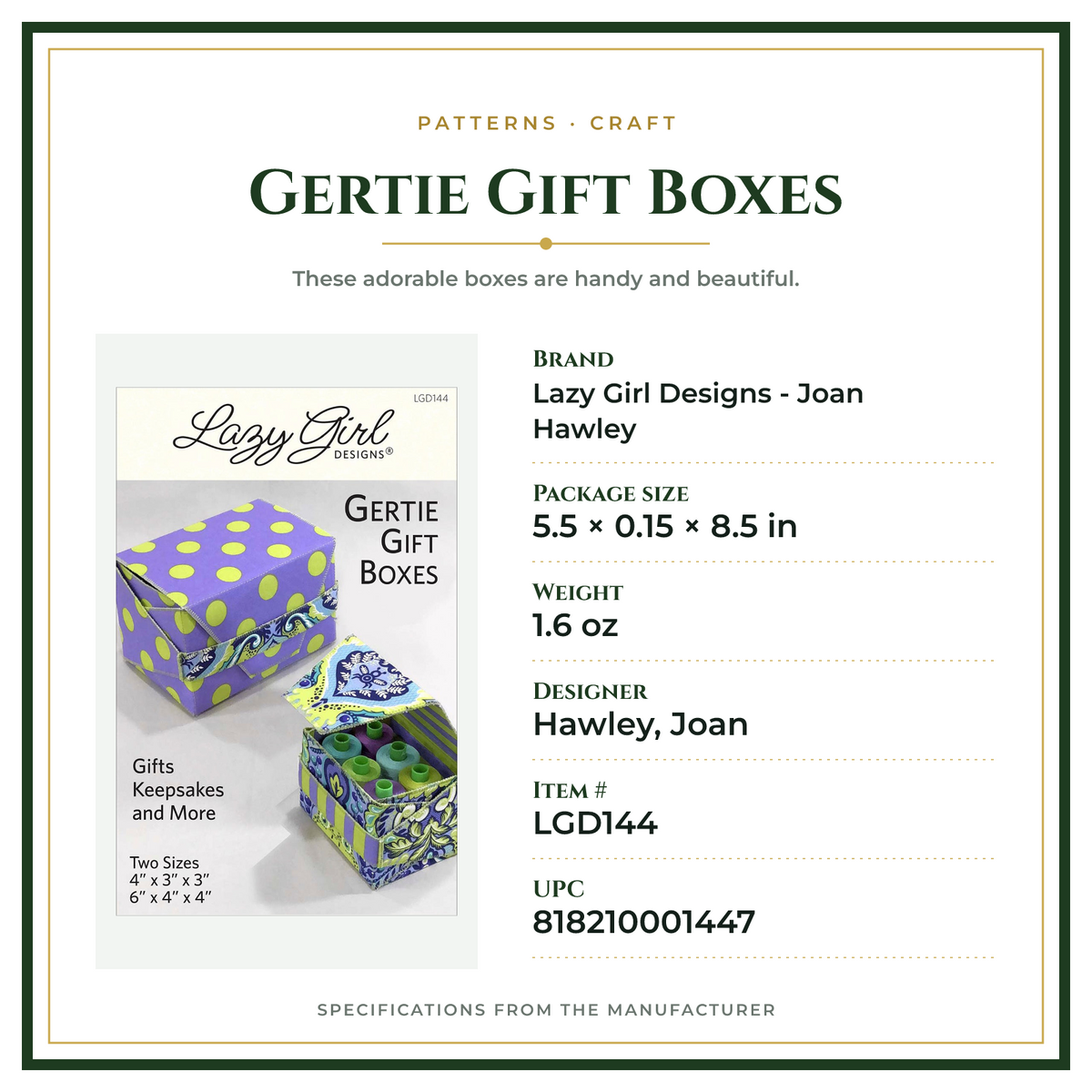 Product Specifications – Gertie Gift Boxes