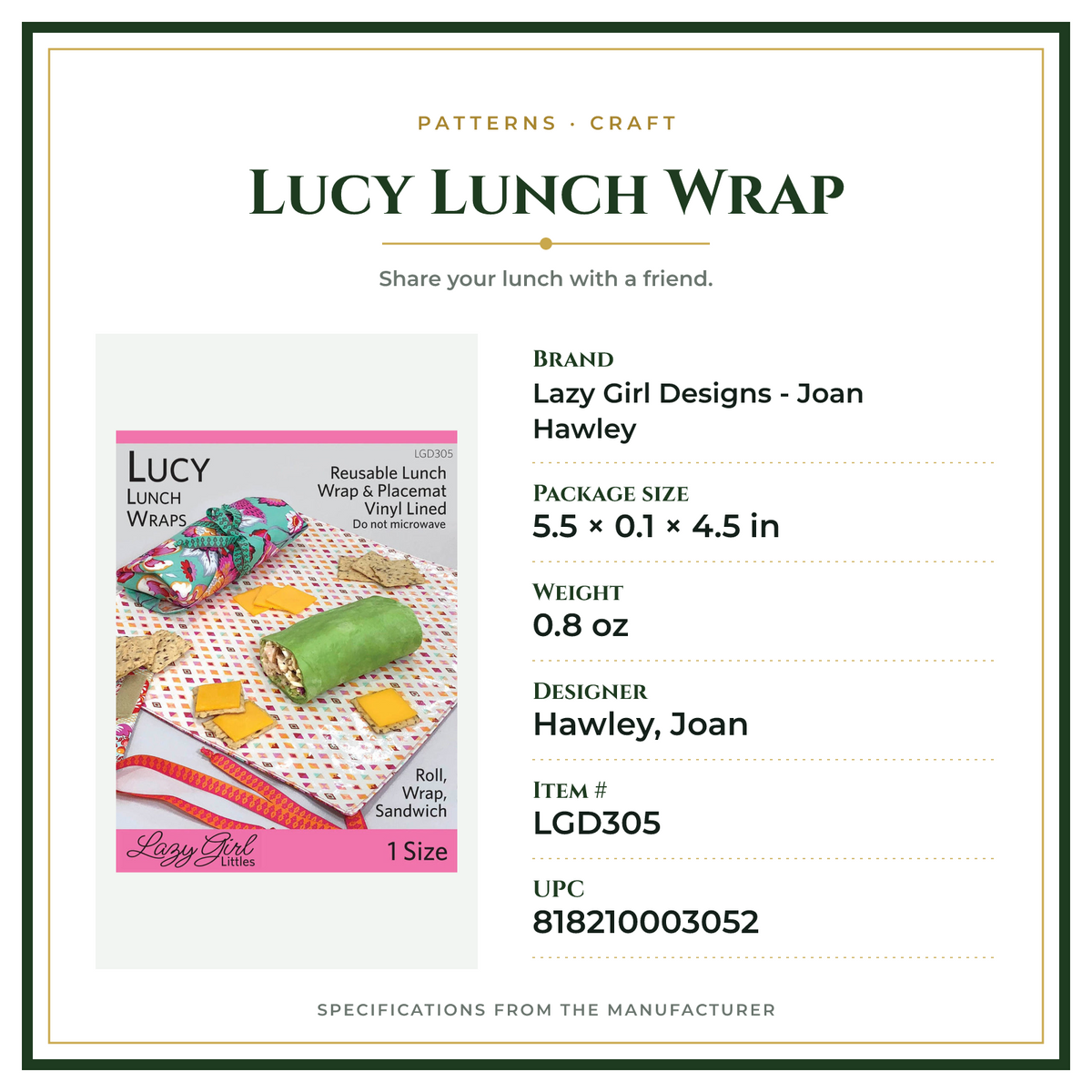 Product Specifications – Lucy Lunch Wrap