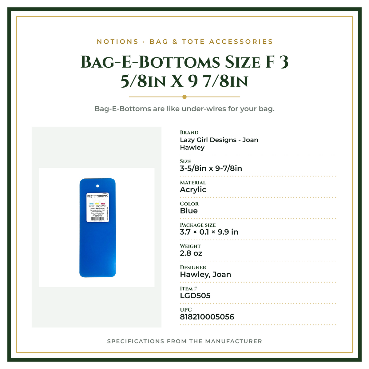 Product Specifications – Bag-E-Bottoms Size F 3 5/8in X 9 7/8in