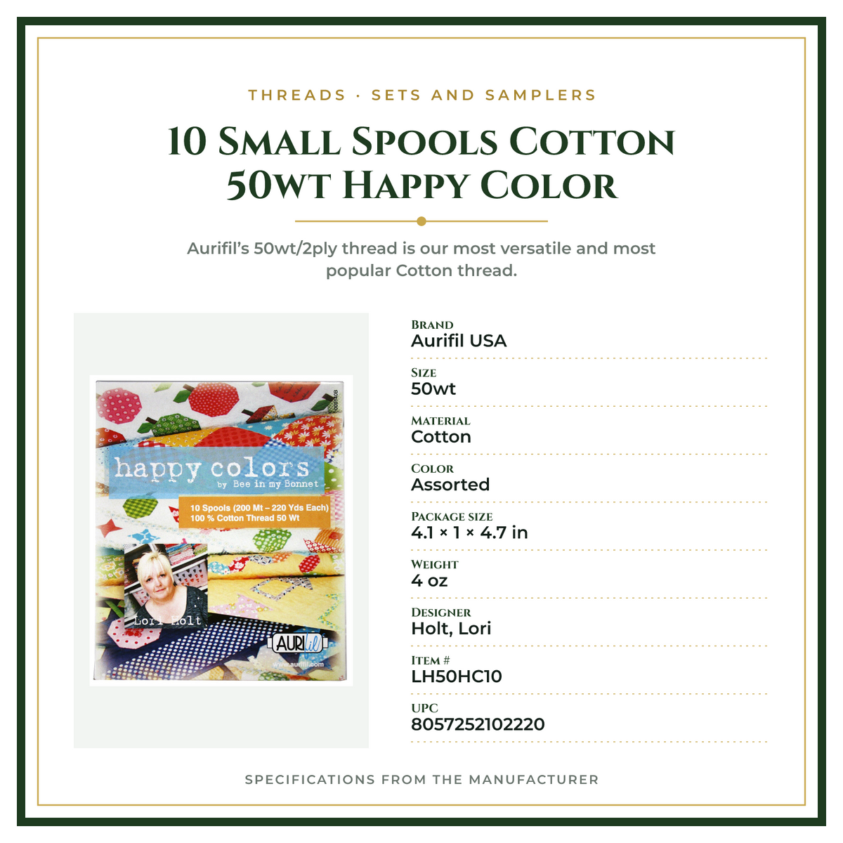 Product Specifications – 10 Small Spools Cotton 50wt Happy Color