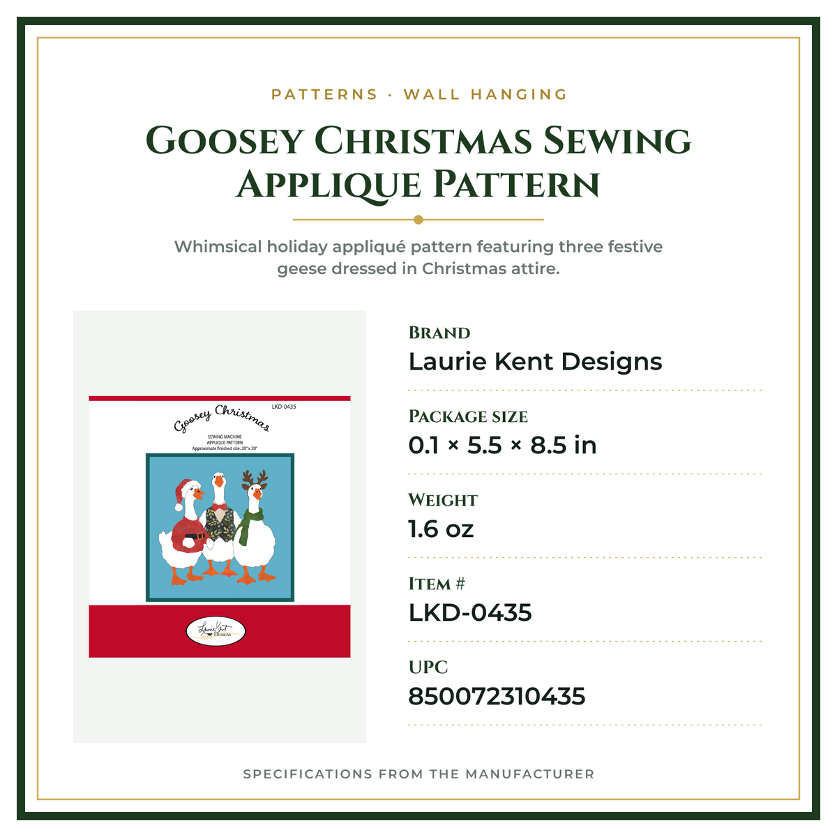 Product Specifications – Goosey Christmas Sewing Applique Pattern