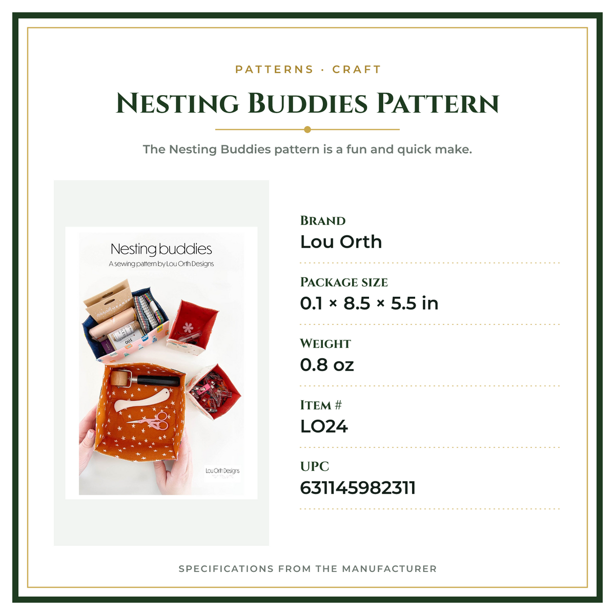 Product Specifications – Nesting Buddies Pattern
