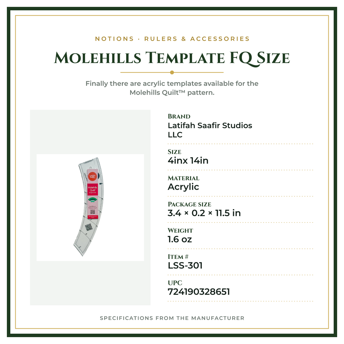 Product Specifications – Molehills Template FQ Size