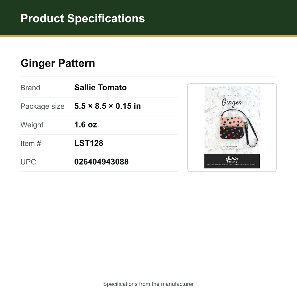 Product Specifications – Ginger Pattern