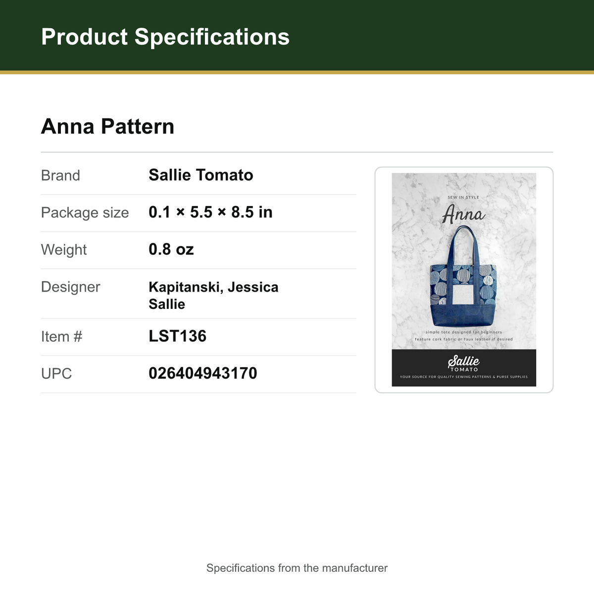 Product Specifications – Anna Pattern