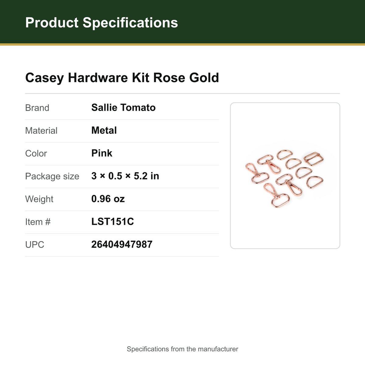 Product Specifications – Casey Hardware Kit Rose Gold