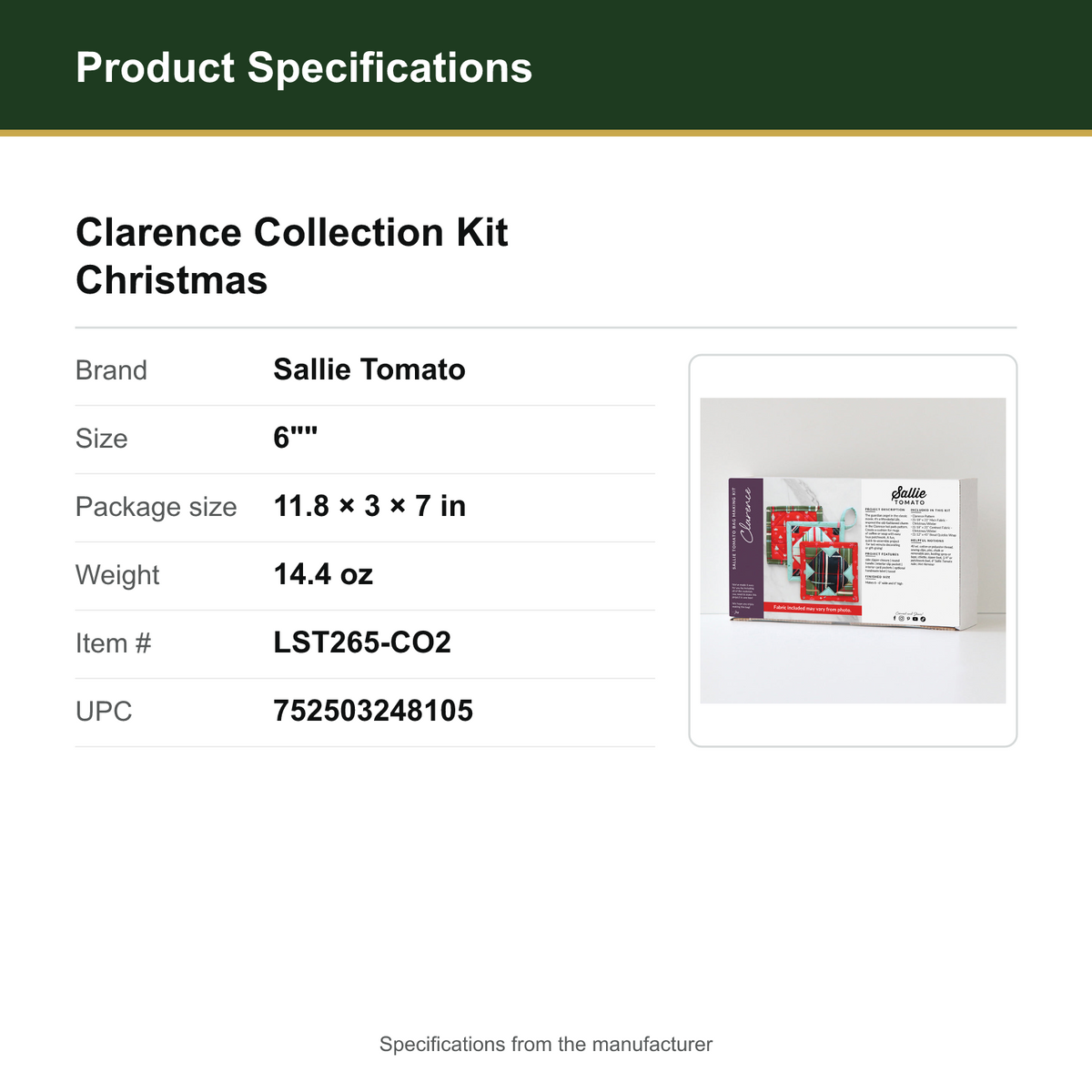 Product Specifications – Clarence Collection Kit Christmas