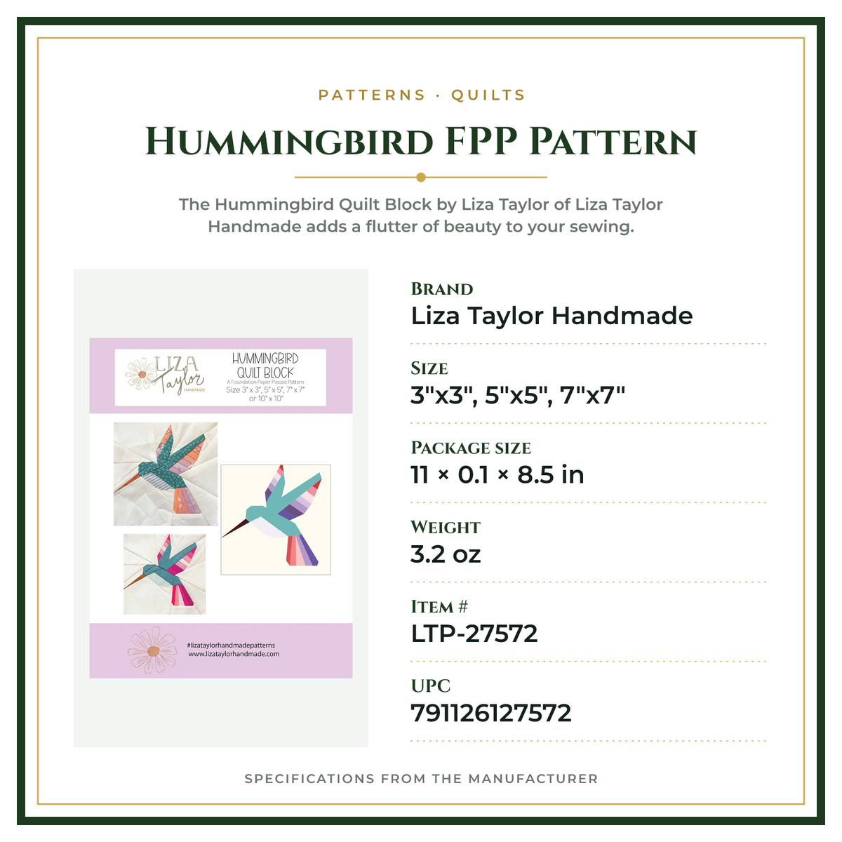 Product Specifications – Hummingbird FPP Pattern