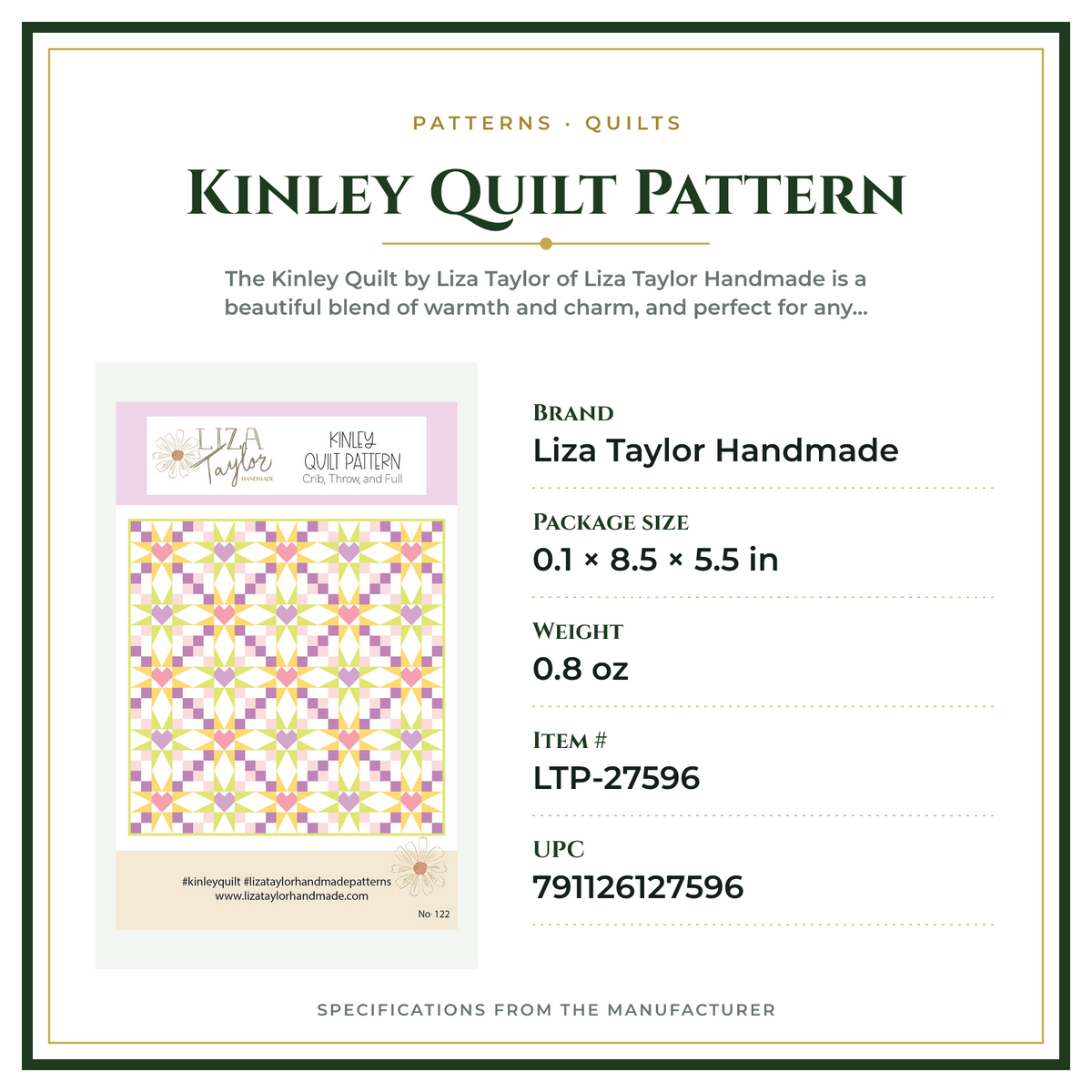 Product Specifications – Kinley Quilt Pattern